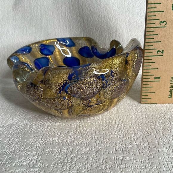 Vintage 1950s Vibrant Cobalt Blue and Gold Murano Ashtray Bowl by Barovier and T - Picture 10 of 11